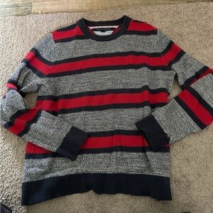 tommy hilfiger striped grey navy and red sweater size medium